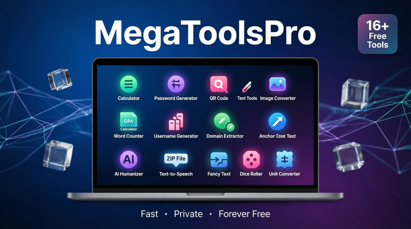 MegaToolsPro free online toolbox with 16+ productivity tools including calculator, password generator, QR code, AI humanizer and more